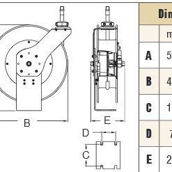 Ett diagram som visar måtten på Slangvinda modell ALC607RF Ø3/8" Max 21m 21 Bar remskiva.