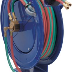En Slangvinda för svetsgas P-W & SHW Series - Ø1/4" (6mm) längd 8m slangupprullare med slangar fästa på.